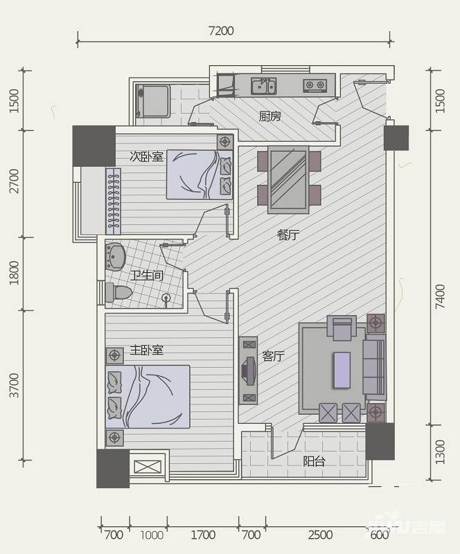 极目楚天2室2厅1卫87㎡户型图