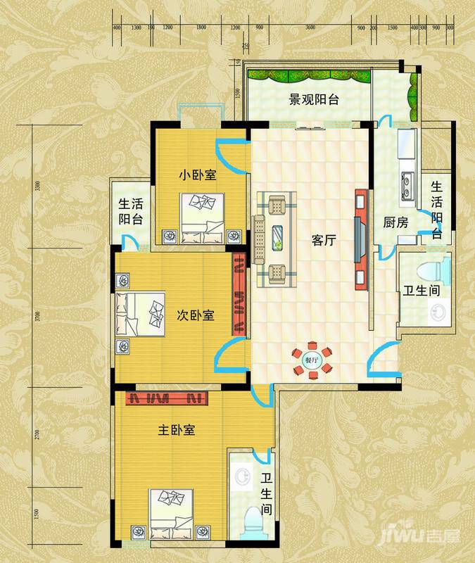 升远大厦3室2厅2卫165.2㎡户型图