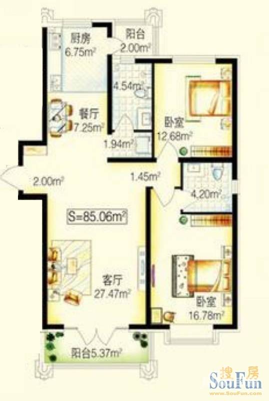 保利公园九号2室2厅2卫85.1㎡户型图