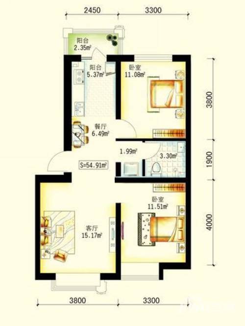 保利公园九号2室2厅1卫54.9㎡户型图