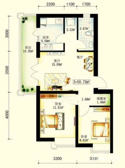 保利公园九号2室2厅1卫50.7㎡户型图