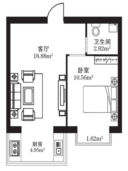 柒季城1室1厅1卫50.1㎡户型图