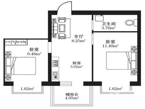 柒季城2室1厅1卫58.7㎡户型图