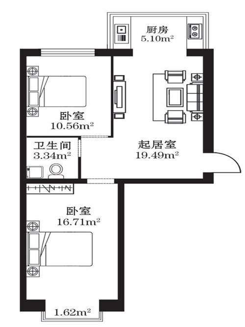 柒季城2室1厅1卫73.8㎡户型图