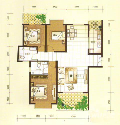 汤泉HOUSE3室2厅2卫122.8㎡户型图