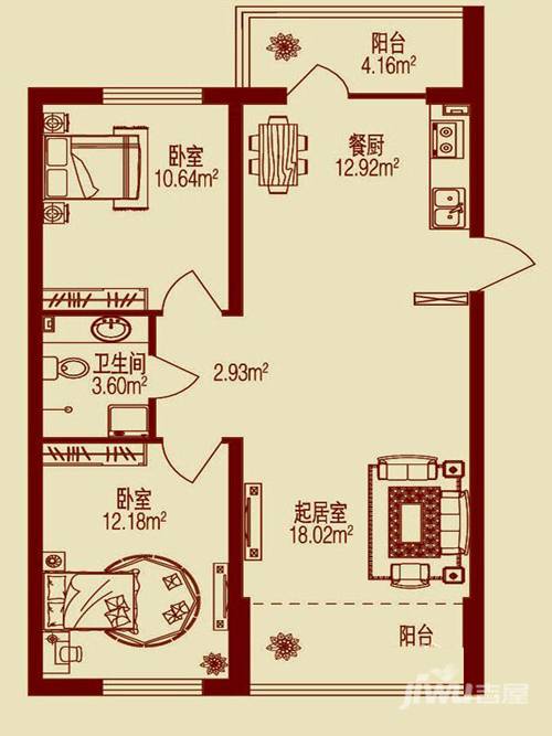 春天故事2室2厅1卫60.3㎡户型图