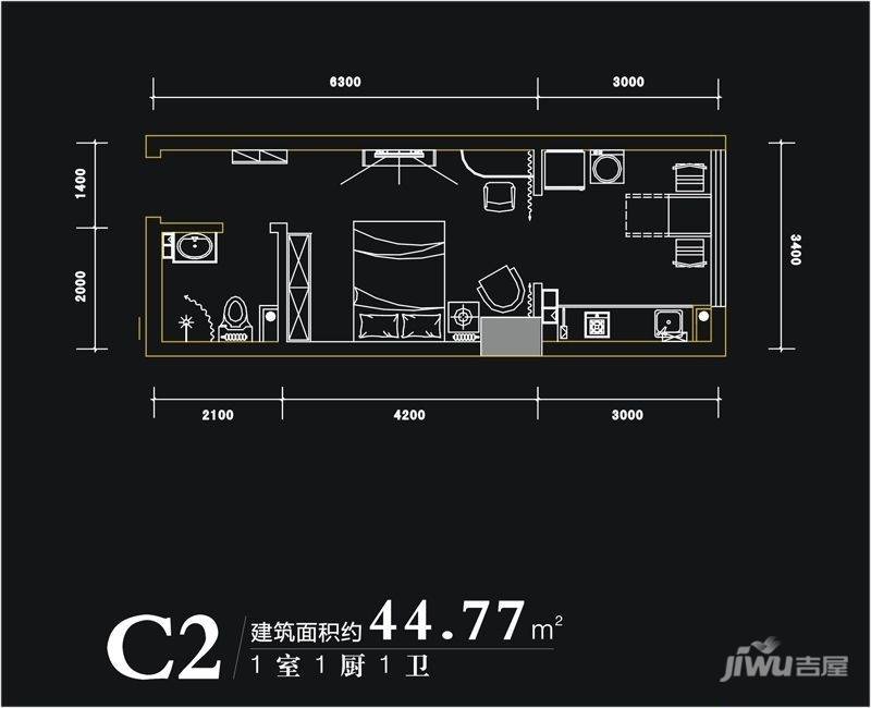 西荷丰润国际公寓1室1厅1卫44.8㎡户型图