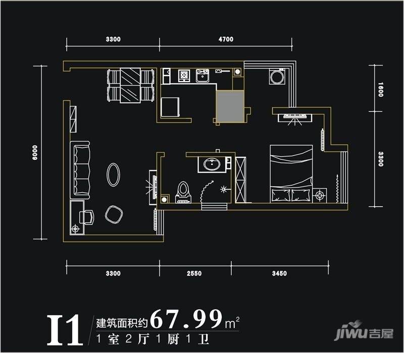 西荷丰润国际公寓1室2厅1卫68㎡户型图