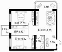 宝融上元府邸2室1厅1卫53.6㎡户型图