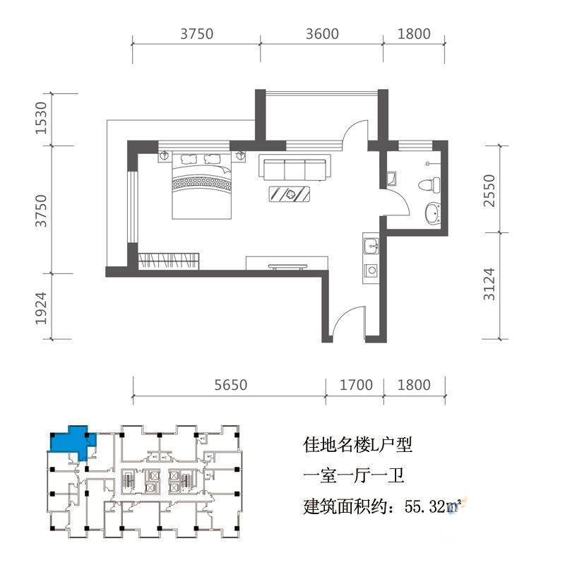 佳地佳座1室1厅1卫55.3㎡户型图