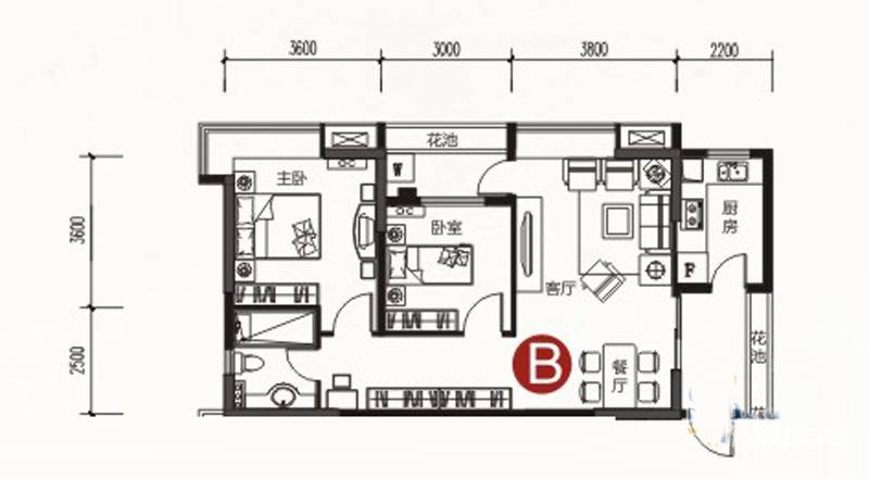 保利温泉新城2室2厅1卫85㎡户型图