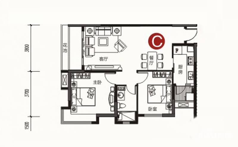 保利温泉新城2室2厅1卫87㎡户型图