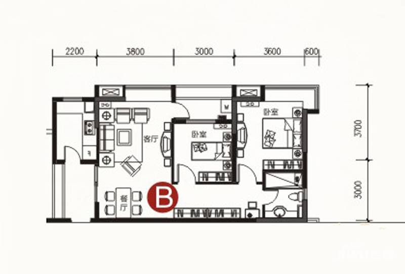 保利温泉新城2室2厅1卫85㎡户型图