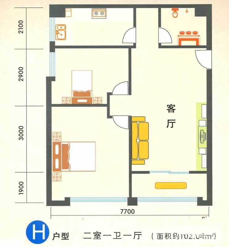 天成大厦2室1厅1卫102㎡户型图