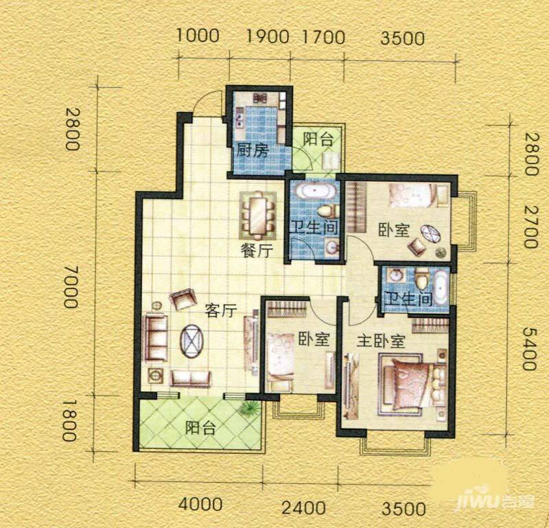 安宇花园三期2室2厅2卫99㎡户型图