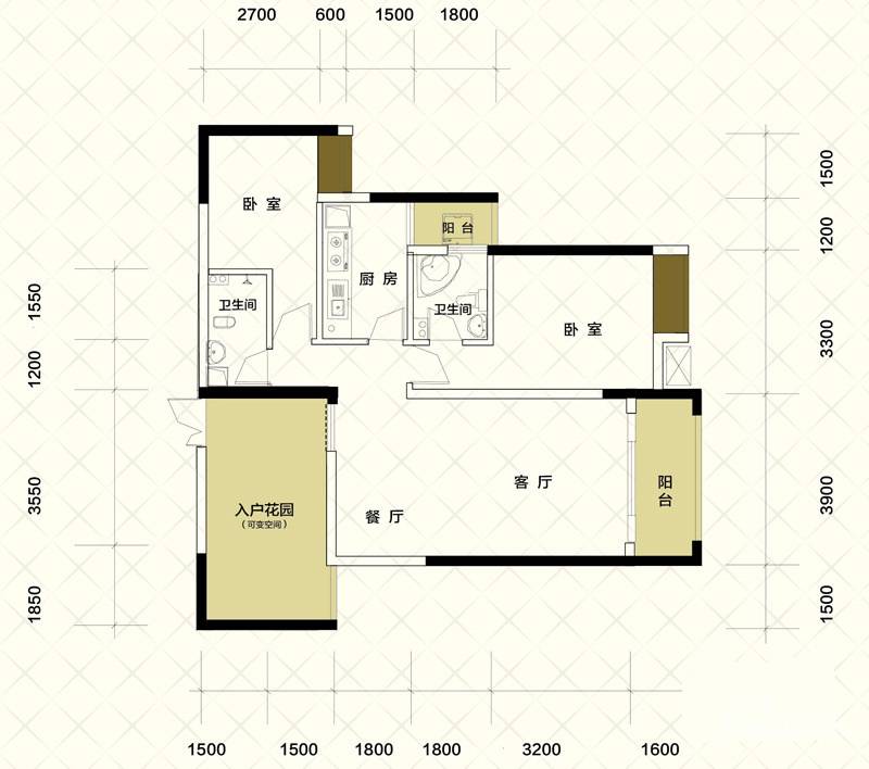 北城公馆2室2厅2卫104.1㎡户型图