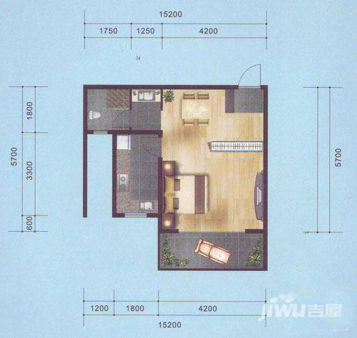 南湖郡1室1厅1卫49.4㎡户型图