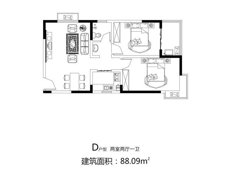 麦森公馆2室2厅1卫88.1㎡户型图