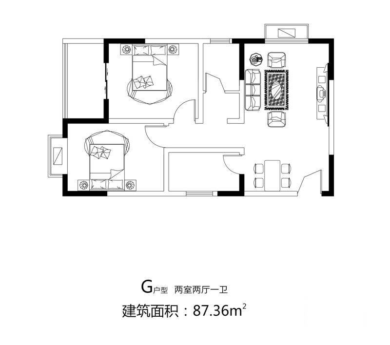 麦森公馆2室2厅1卫87.4㎡户型图