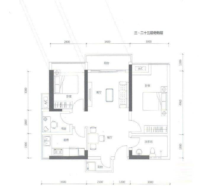 汉京确悦2室2厅1卫61㎡户型图