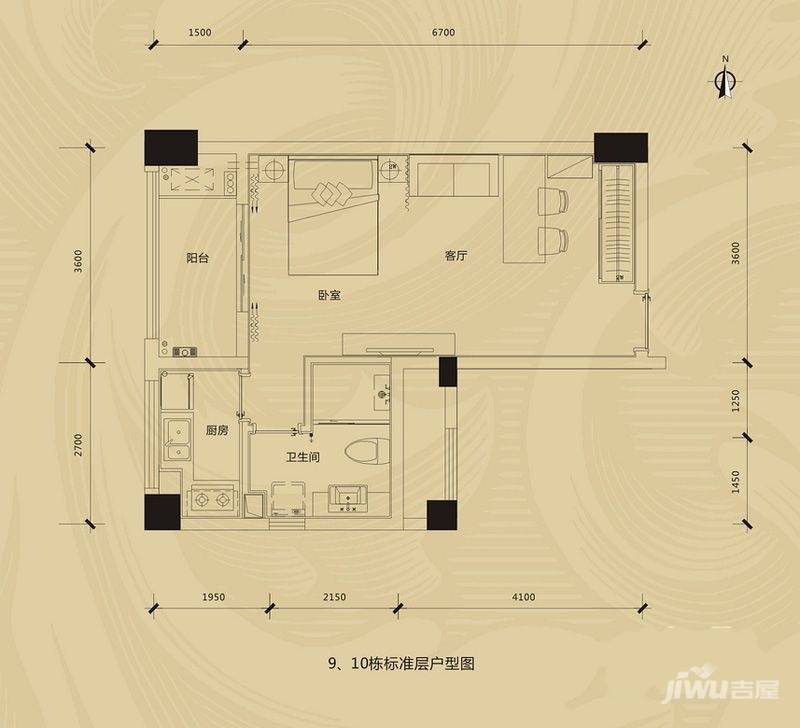 绿地公馆1室1厅1卫49.3㎡户型图