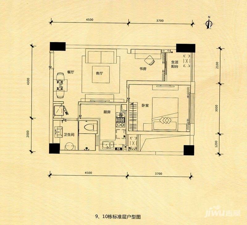 绿地公馆1室1厅1卫49.5㎡户型图