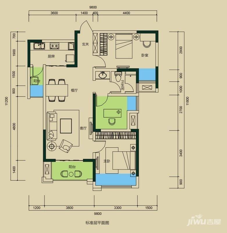 中海国际社区3室2厅1卫92.5㎡户型图