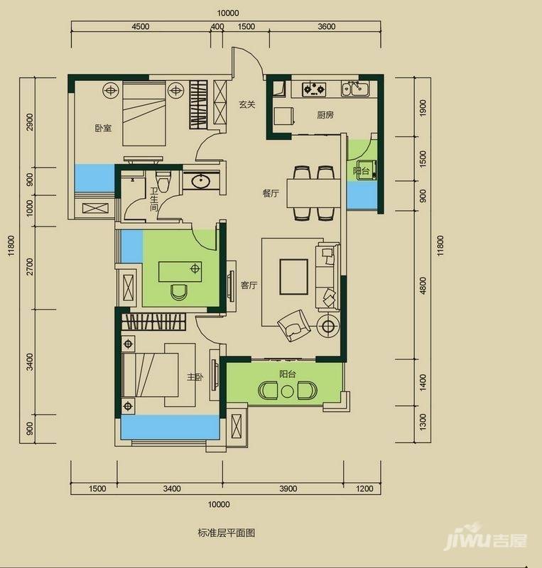 中海国际社区3室2厅1卫95.7㎡户型图