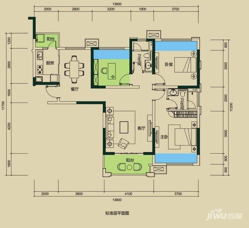 中海国际社区2室2厅2卫112.1㎡户型图