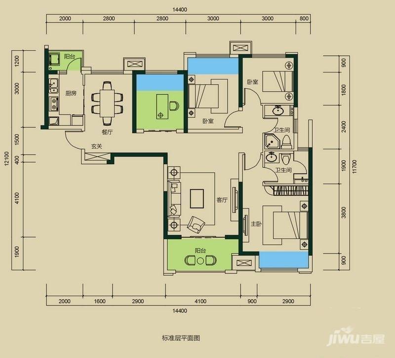 中海国际社区4室2厅2卫123.3㎡户型图