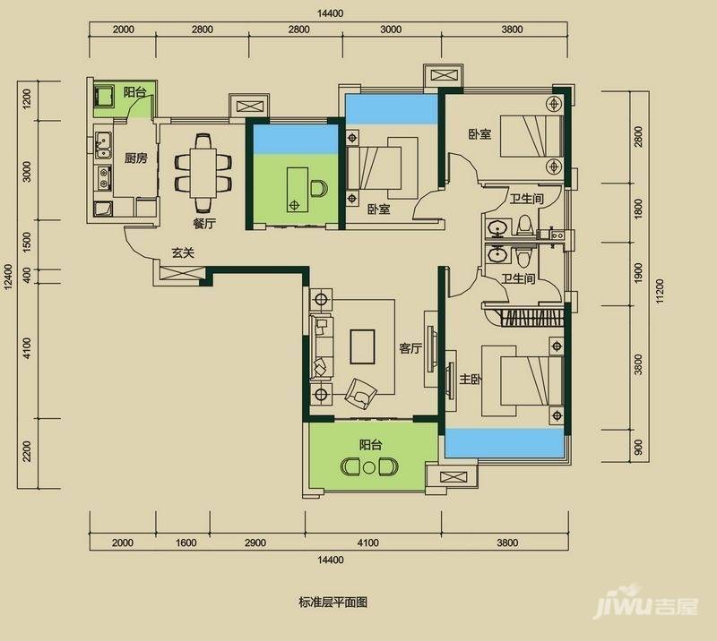 中海国际社区4室2厅2卫125.8㎡户型图