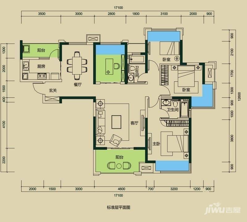 中海国际社区3室2厅2卫144㎡户型图