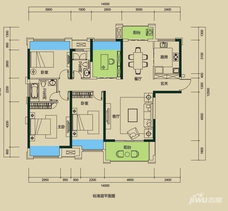 中海国际社区3室2厅2卫144㎡户型图