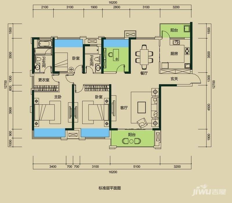 中海国际社区3室2厅2卫161.5㎡户型图