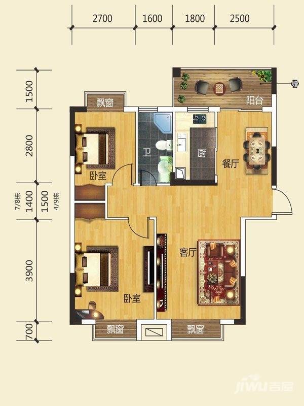 麓谷明珠2室2厅1卫88.5㎡户型图