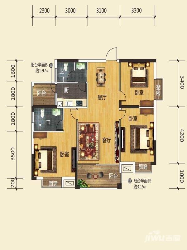 麓谷明珠3室2厅2卫112.7㎡户型图