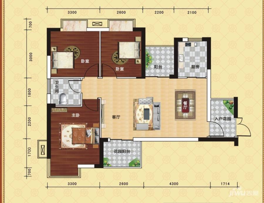 兴威帕克水岸3室2厅1卫92.4㎡户型图