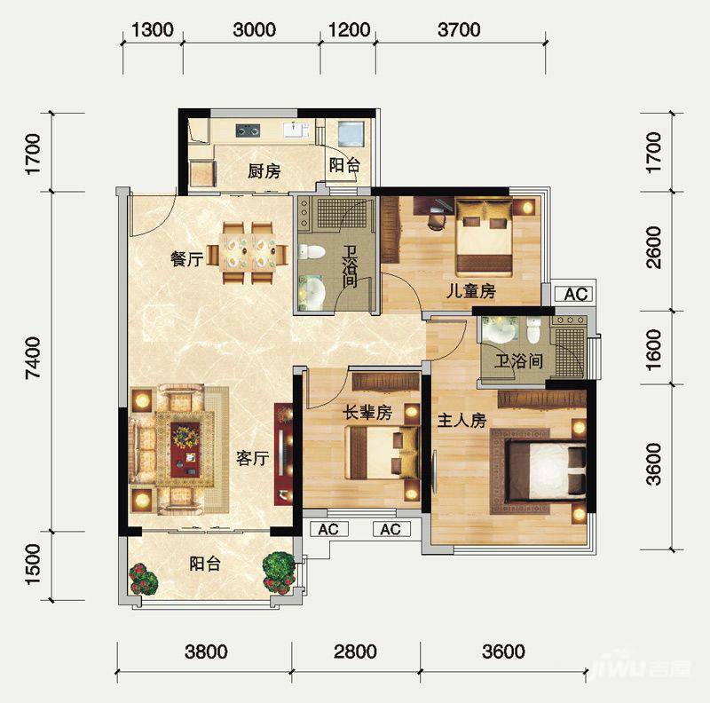 瀚林御景3室2厅2卫90㎡户型图