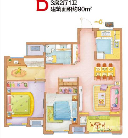 复地上城3室2厅1卫88㎡户型图