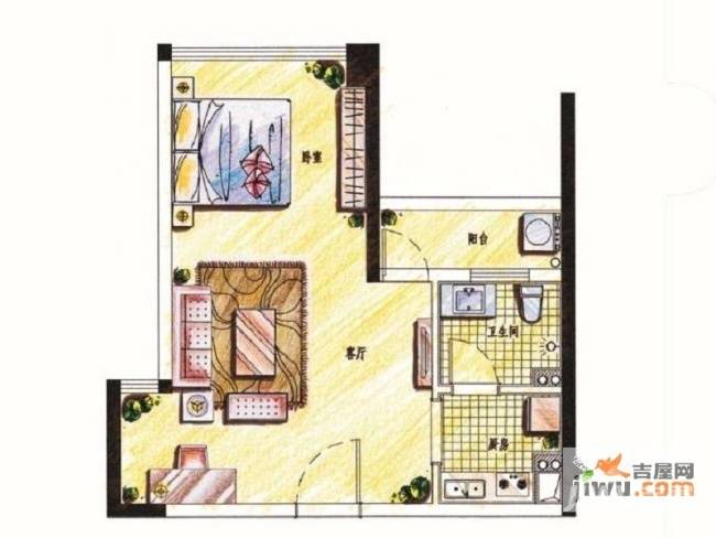 藏珑湖上国际社区1室1厅1卫47.1㎡户型图