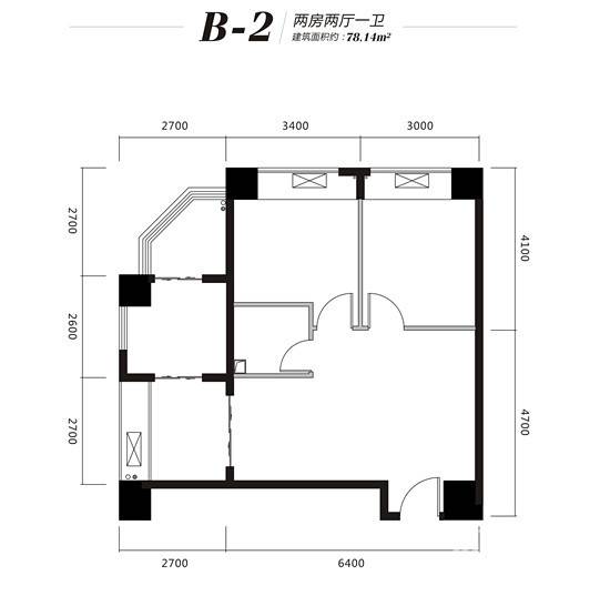 地华梅溪湖畔2室2厅1卫78.1㎡户型图