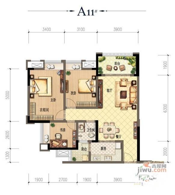 财信沙滨城市3室2厅2卫82.2㎡户型图