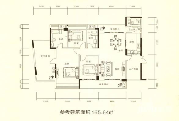 恒基凯旋门3室2厅3卫165.6㎡户型图