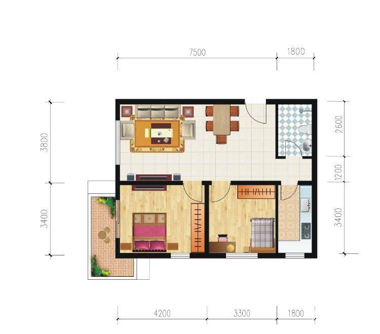 皇族名居2期2室2厅1卫87.5㎡户型图