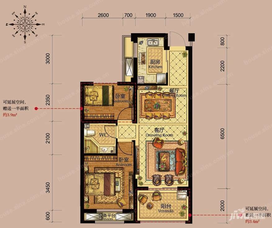 德信北海公园2室2厅1卫72㎡户型图