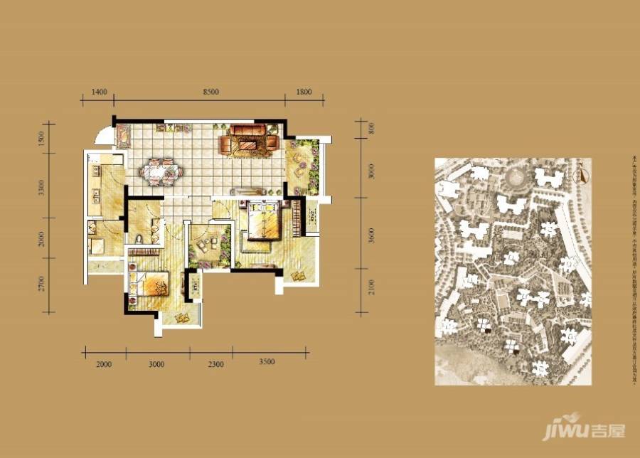 东原D7区2室2厅1卫77.4㎡户型图