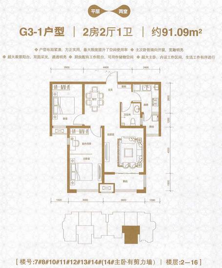 棠悦2室2厅1卫91.1㎡户型图