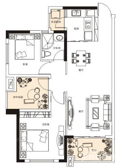 珠江郦城2室2厅1卫92.7㎡户型图