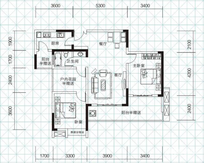 玛丽的花园2室2厅1卫99.6㎡户型图