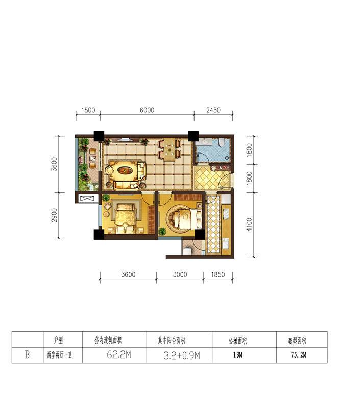 河畔公馆2室2厅1卫62.2㎡户型图